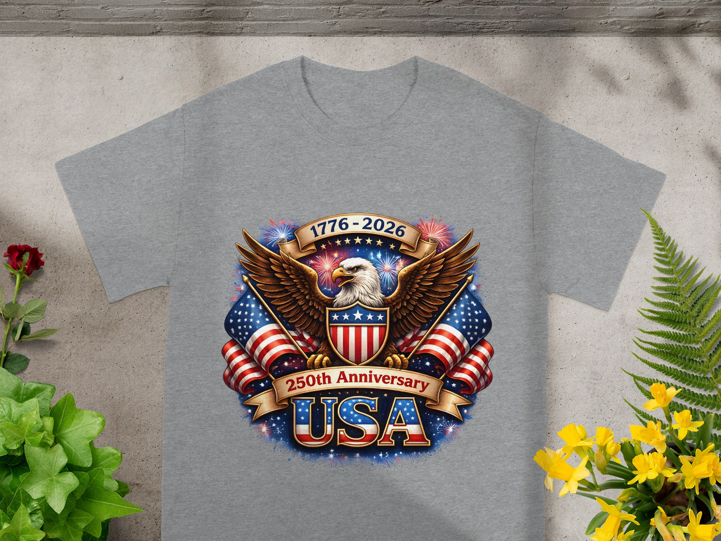 Grey t-shirt with eagle, USA flags, and "250th Anniversary USA" text.
