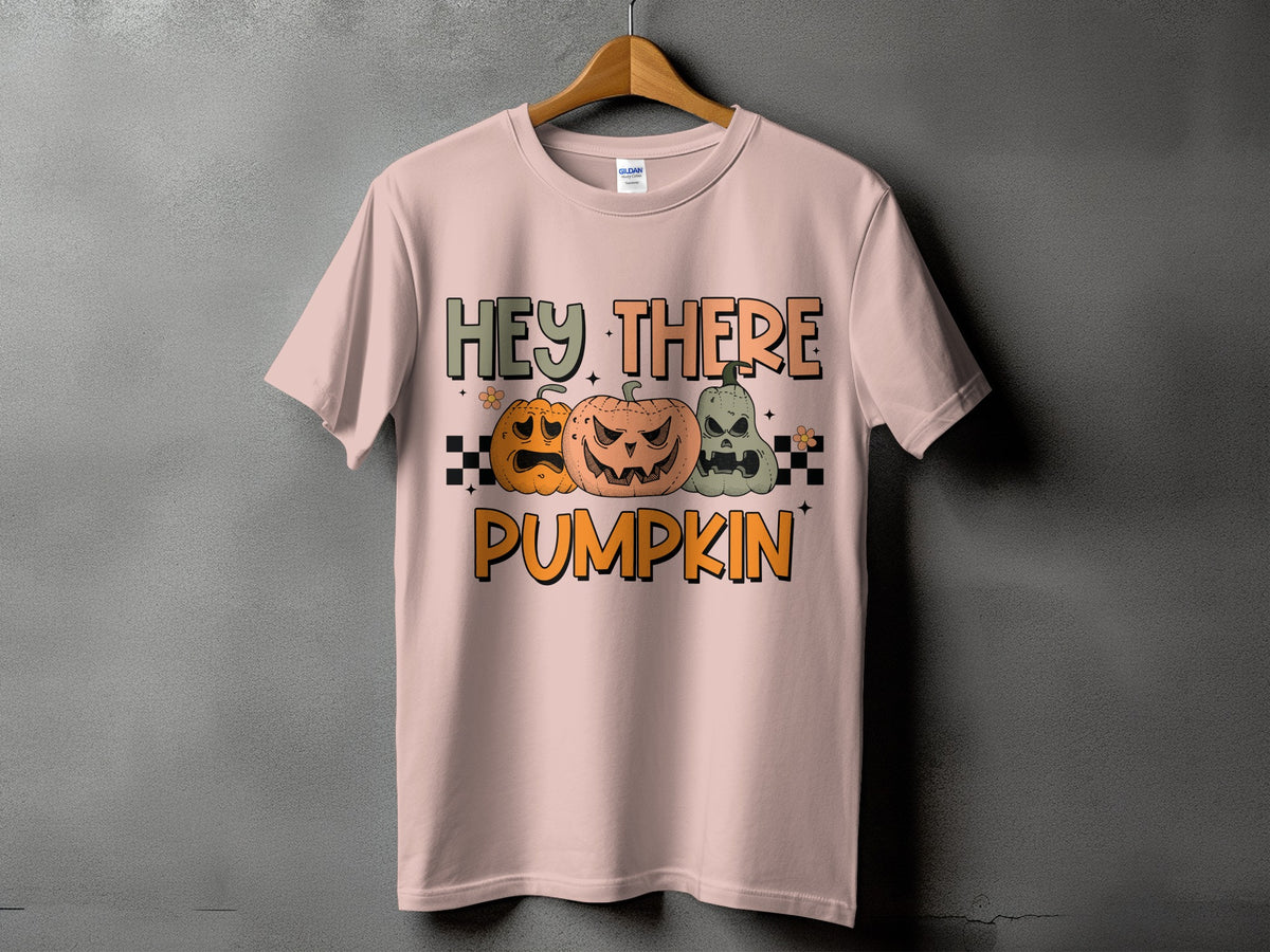 Pink t-shirt with Halloween pumpkins and text "Hey There Pumpkin".
