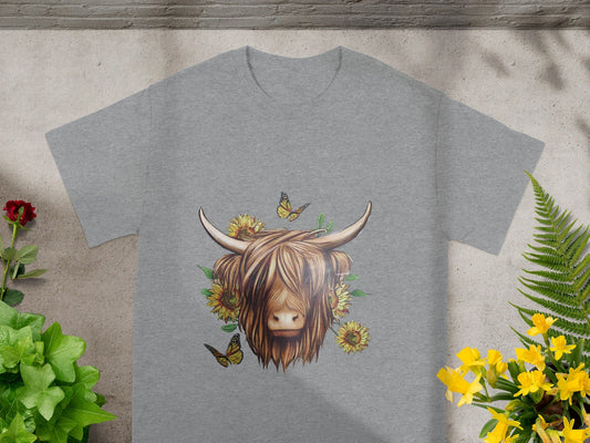 Highland Cow with Sunflowers and Butterflies T-Shirt