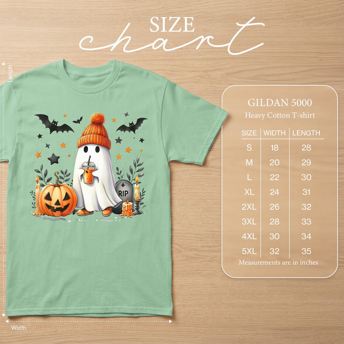 Gildan 5000 Heavy Cotton T-shirt size chart with ghost, pumpkin, and bats graphic.