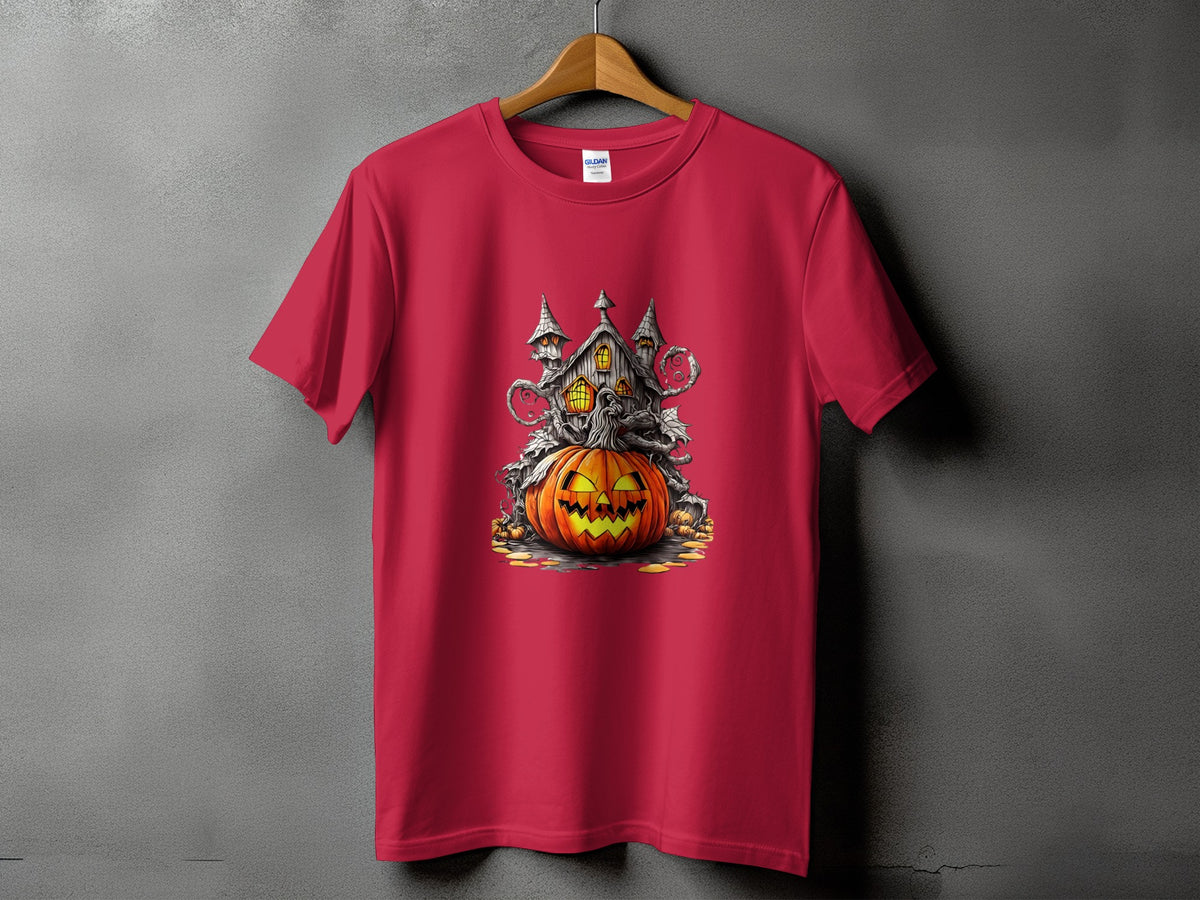 Red t-shirt featuring a spooky haunted house and jack-o'-lantern Halloween graphic.