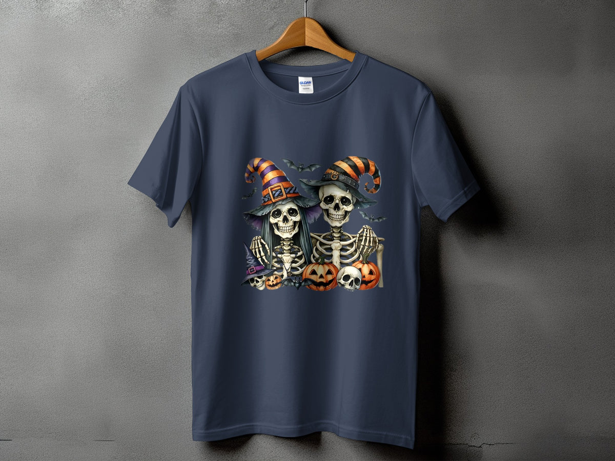 T-shirt featuring Halloween skeletons, pumpkins, bats, and witch hats.