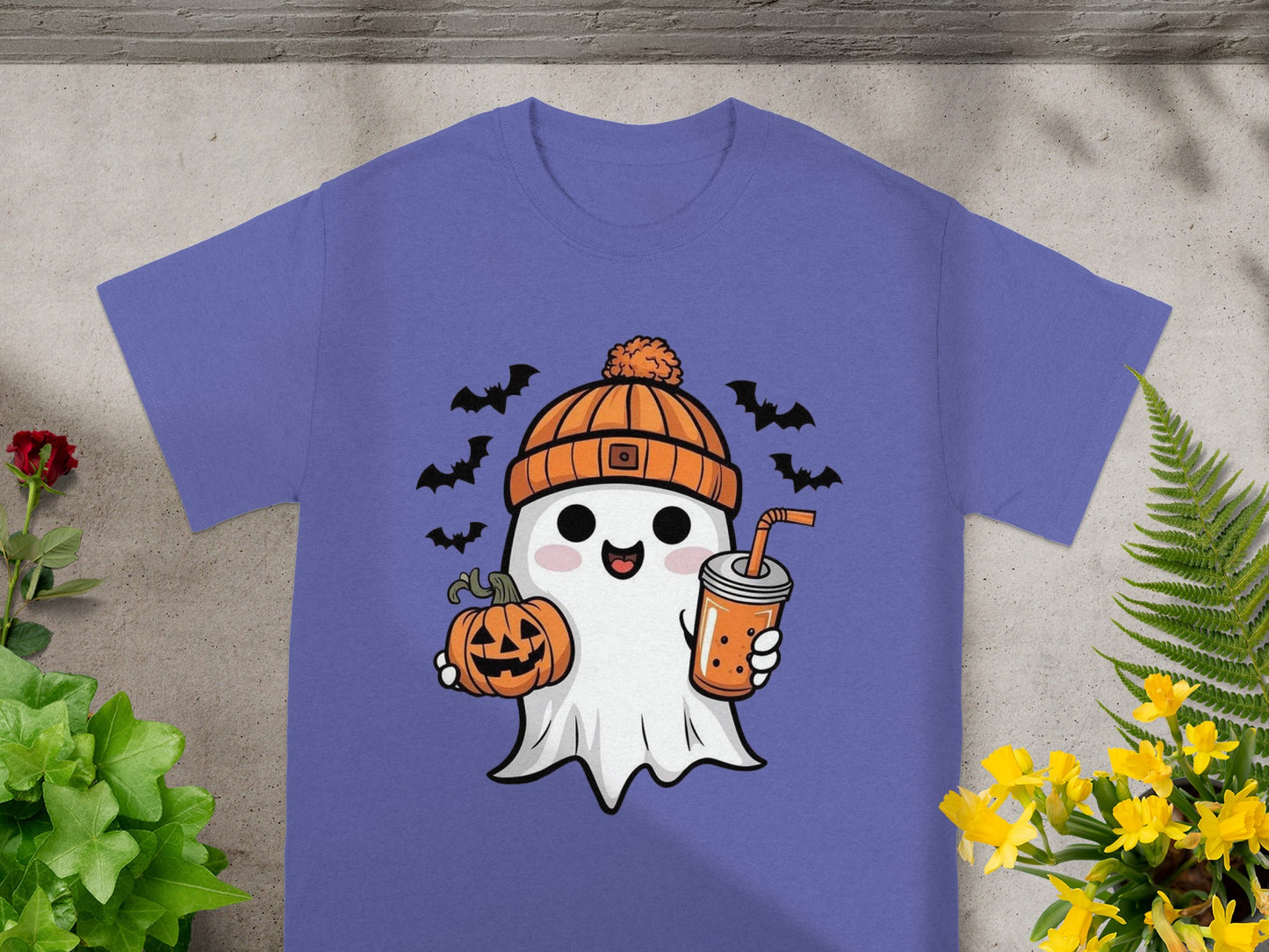 Ghost in orange hat holding pumpkin and drink, with bats around.