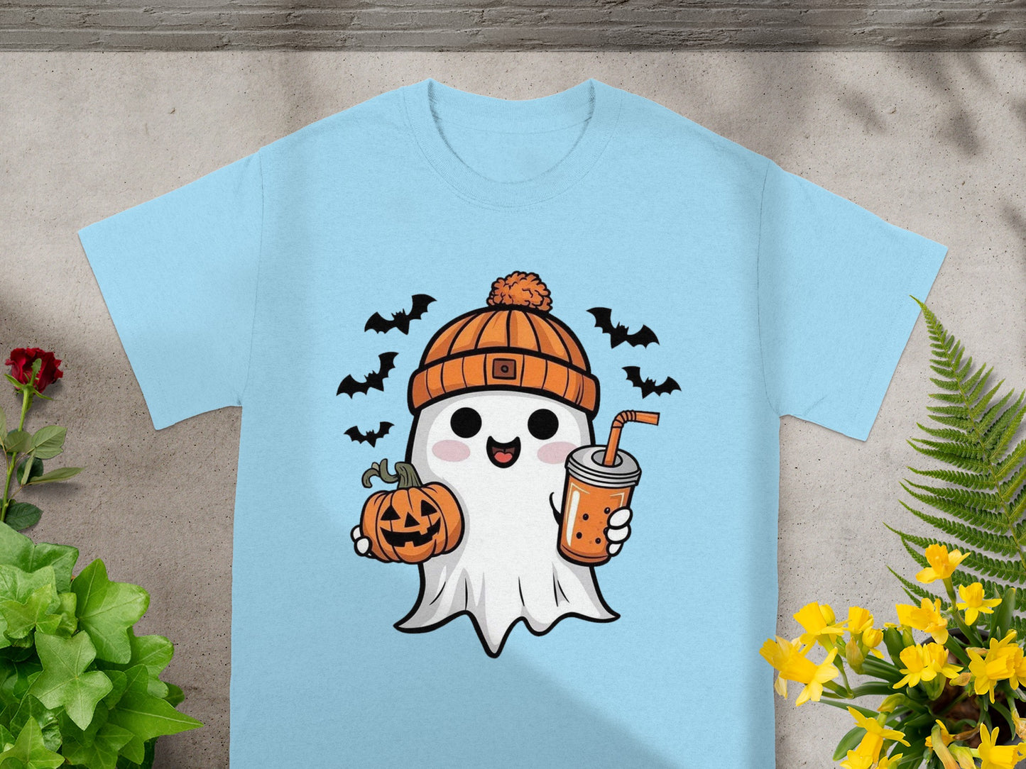 Cute ghost in beanie holding pumpkin and drink, surrounded by bats.