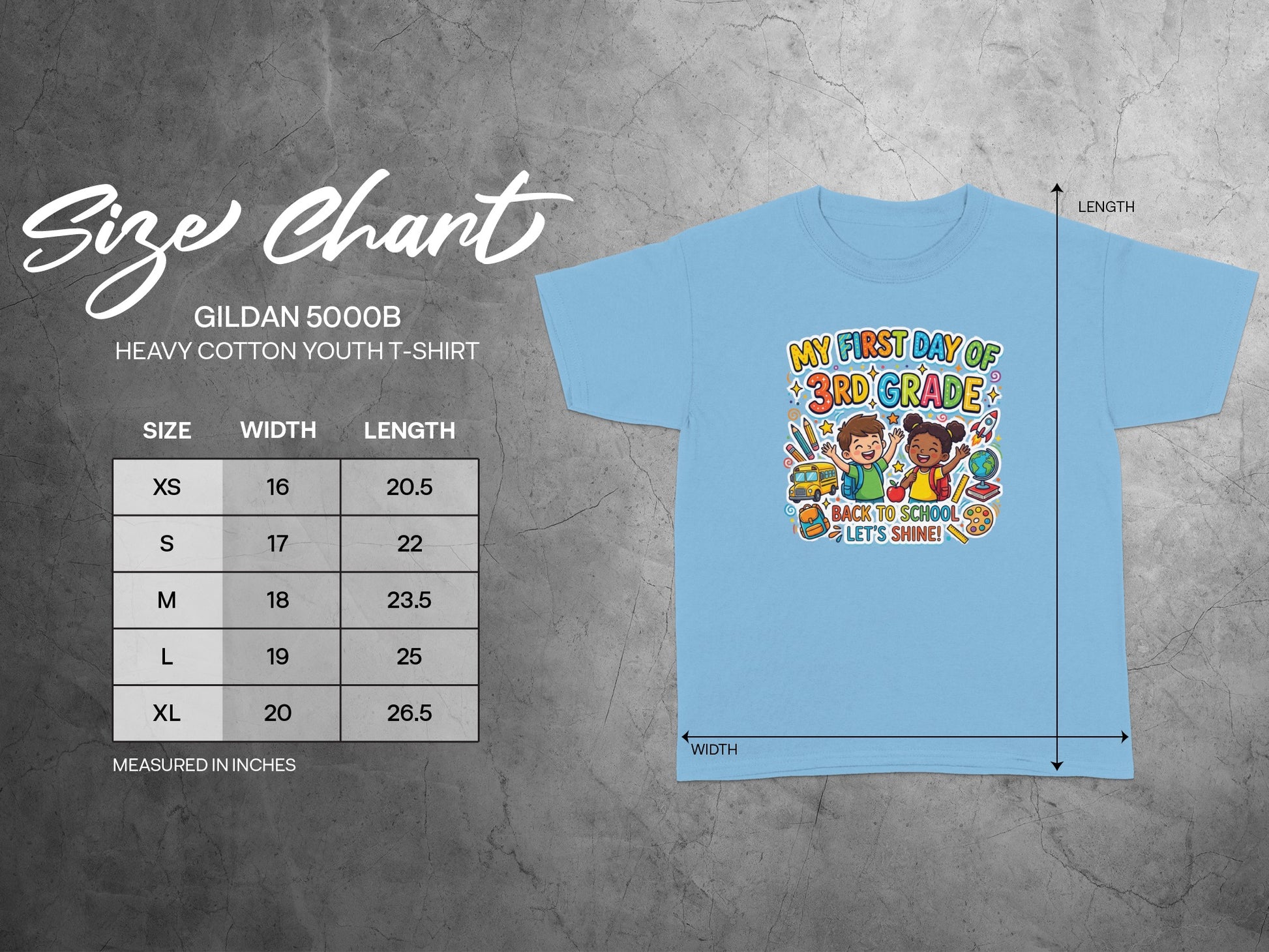 Light blue youth t-shirt size chart with width and length measurements.