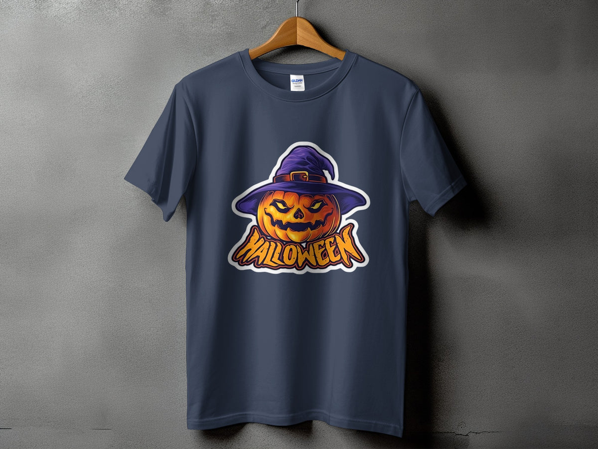 Dark blue t-shirt with a spooky Halloween pumpkin wearing a witch hat and text.