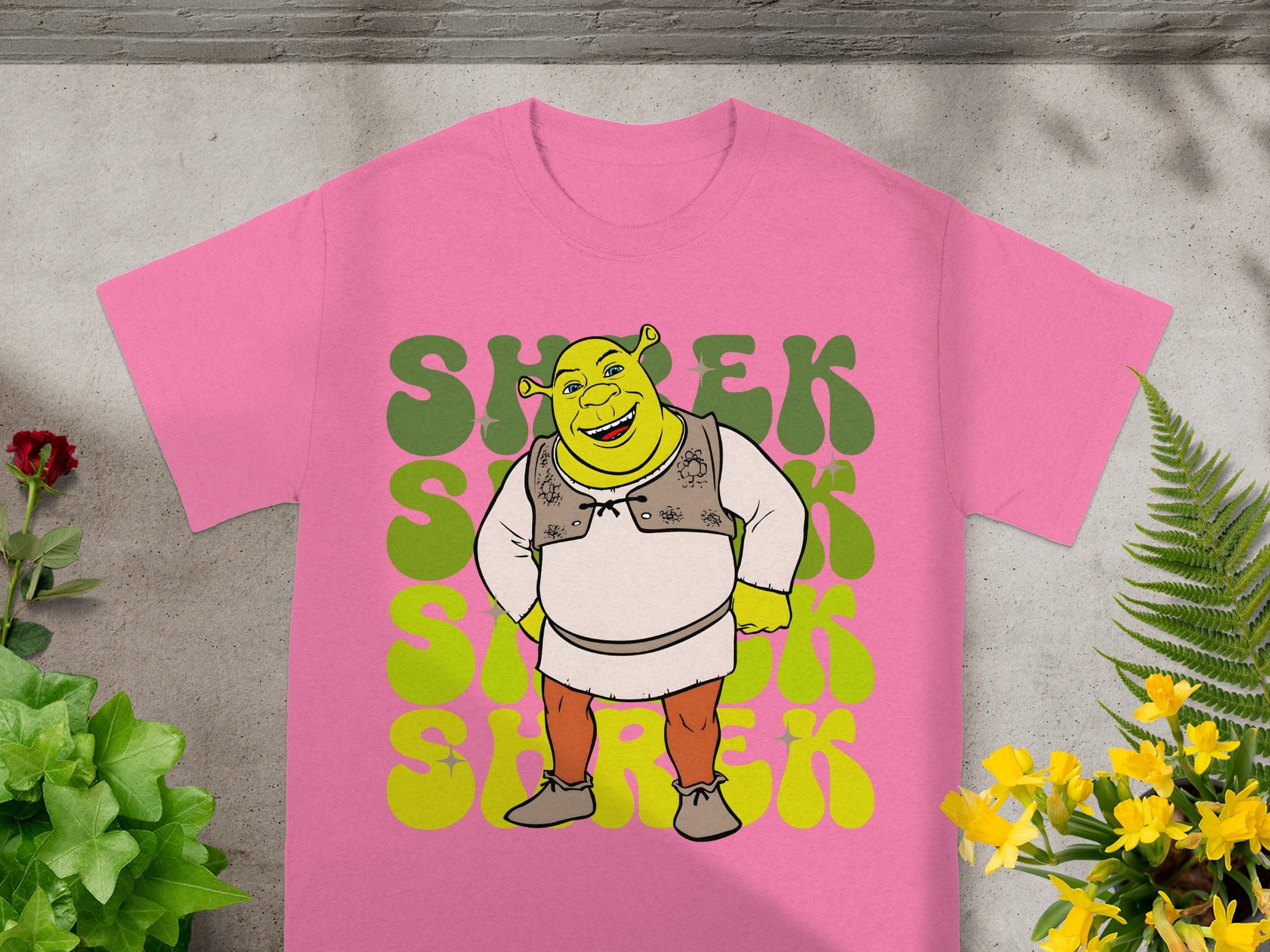 Pink t-shirt with Shrek character and "Shrek" text.