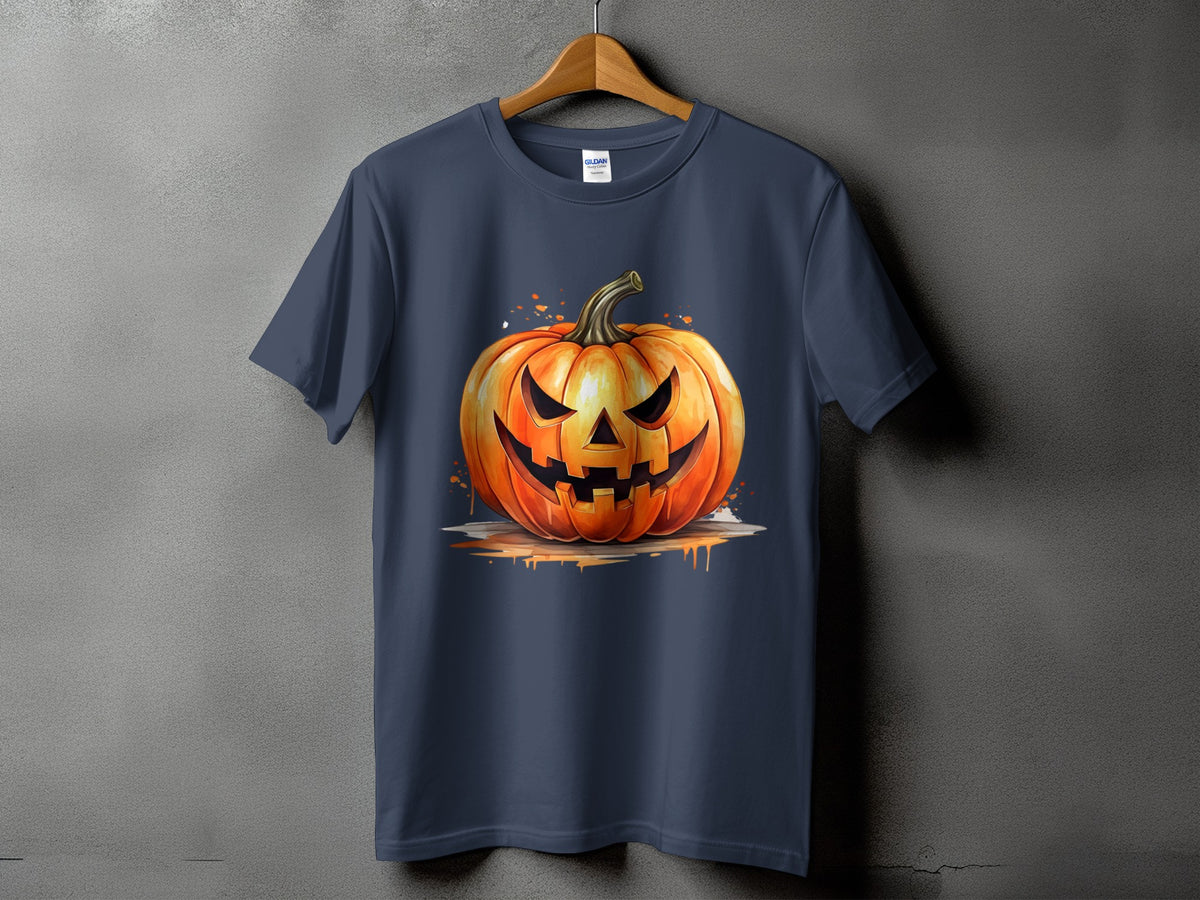 Navy t-shirt with a watercolor jack-o'-lantern graphic.
