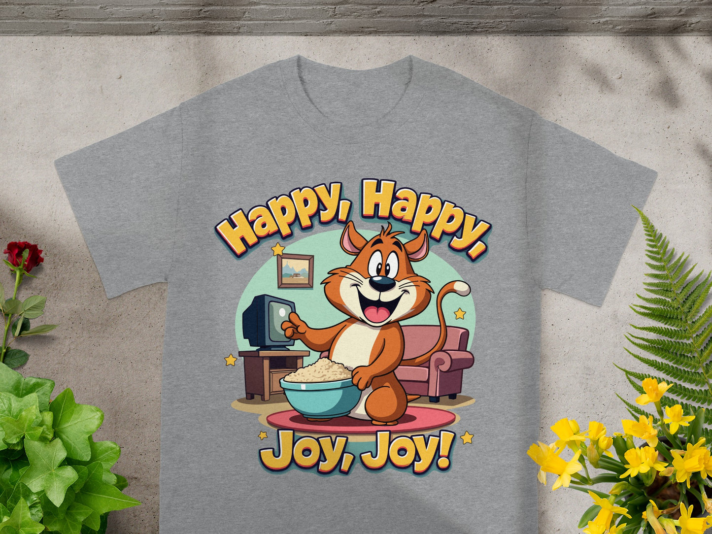 Cartoon cat with popcorn and couch, text reads "Happy, Happy, Joy, Joy!".