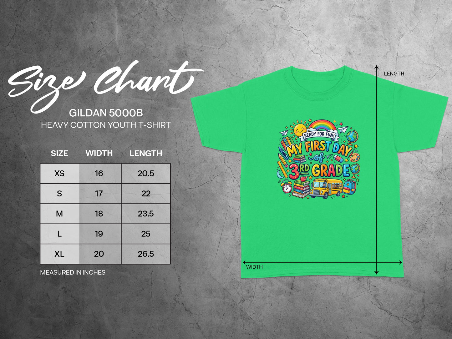 Green youth t-shirt with "My First Day of 3rd Grade" graphic and size chart.