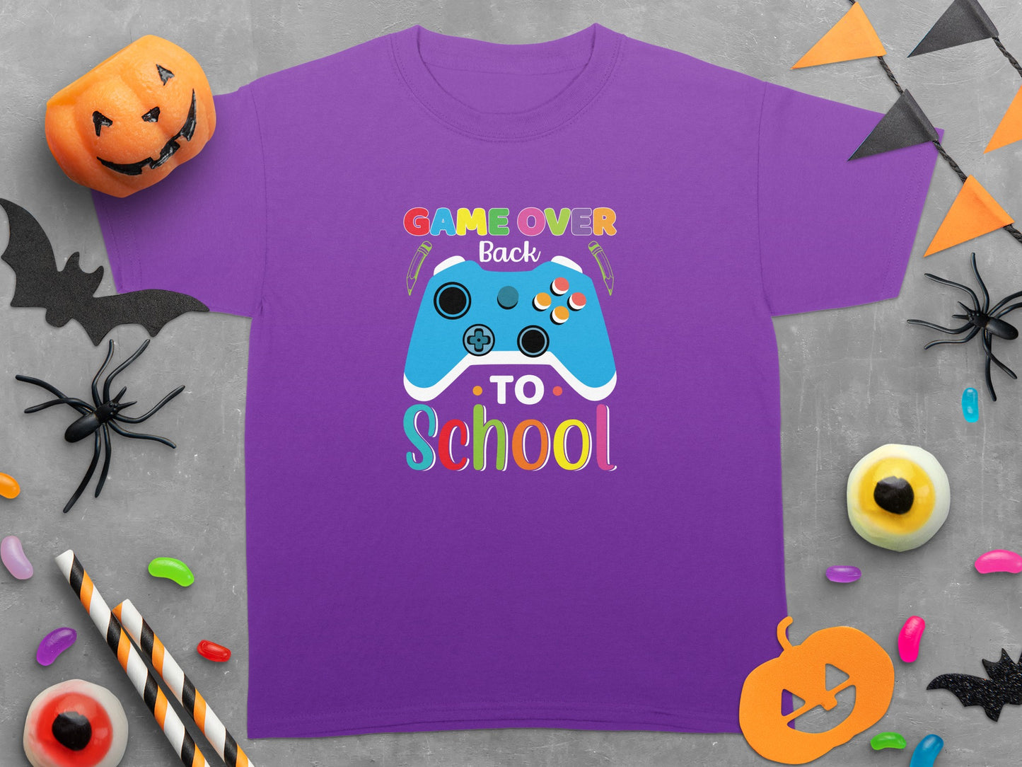 Purple t-shirt with "Game Over Back To School" text and a blue video game controller.