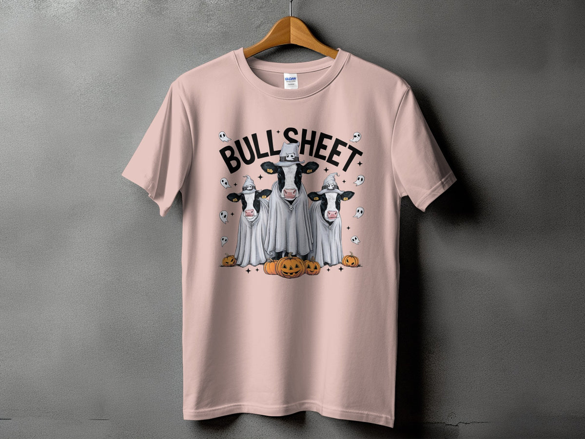 Pink t-shirt with "BULL'S SHEET" text and three cows dressed as ghosts.