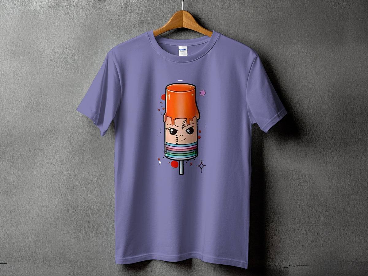 Purple t-shirt with a cartoon ice pop character graphic with stitches and colorful stripes.
