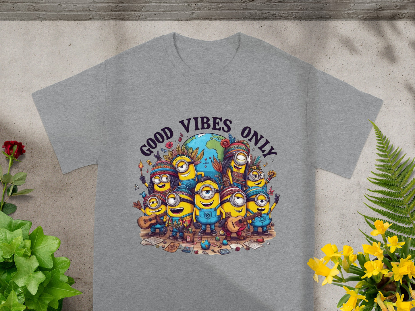Minions wearing bohemian outfits and hats surround the Earth with text "GOOD VIBES ONLY."