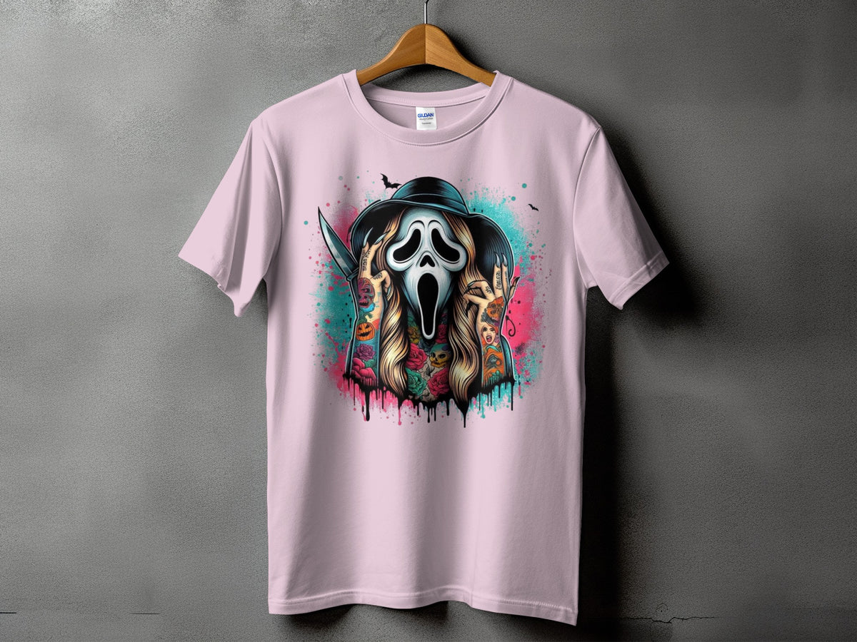 Pink t-shirt with a Ghostface mask, knife, and Halloween-themed tattoos.