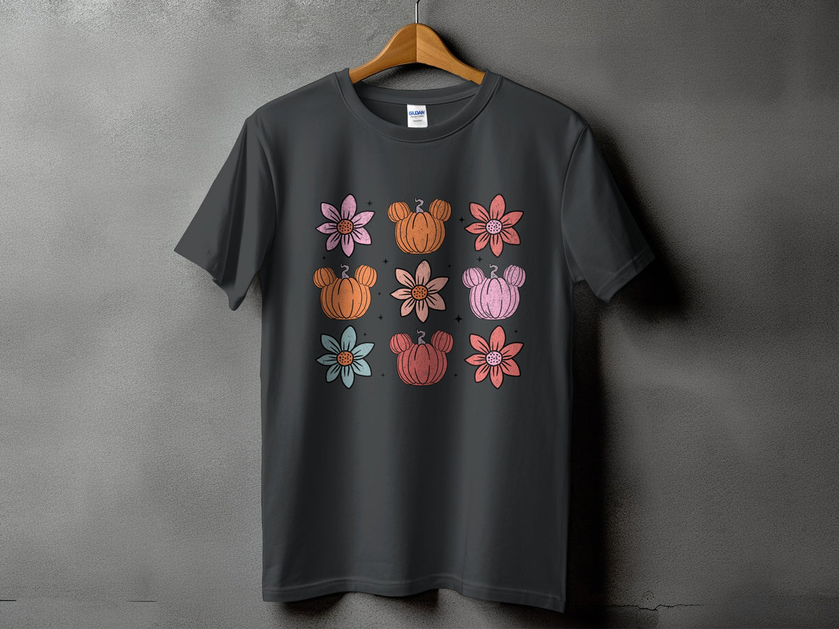 Dark grey t-shirt with a grid of colorful flowers and Mickey Mouse pumpkins.