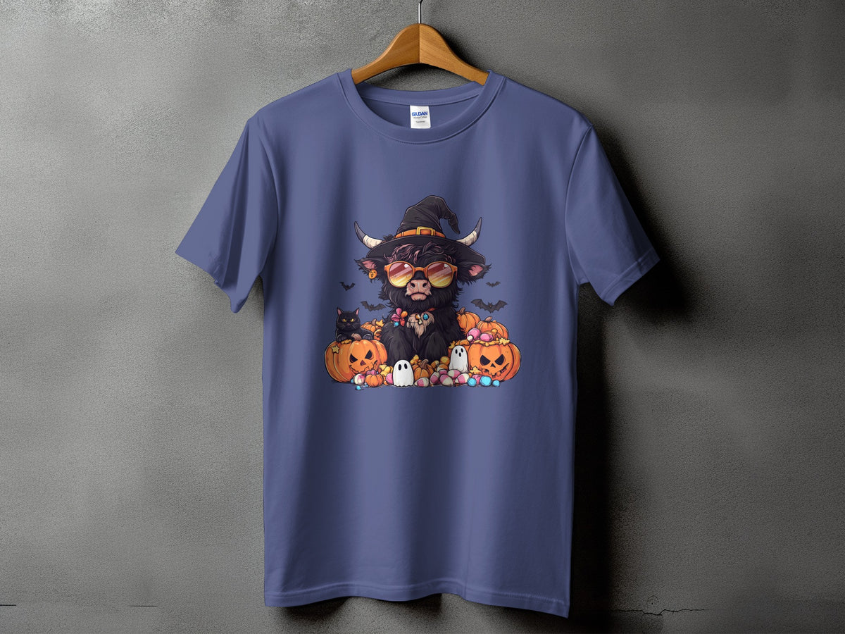 Highland cow in witch hat with sunglasses surrounded by pumpkins, cats, and ghosts.