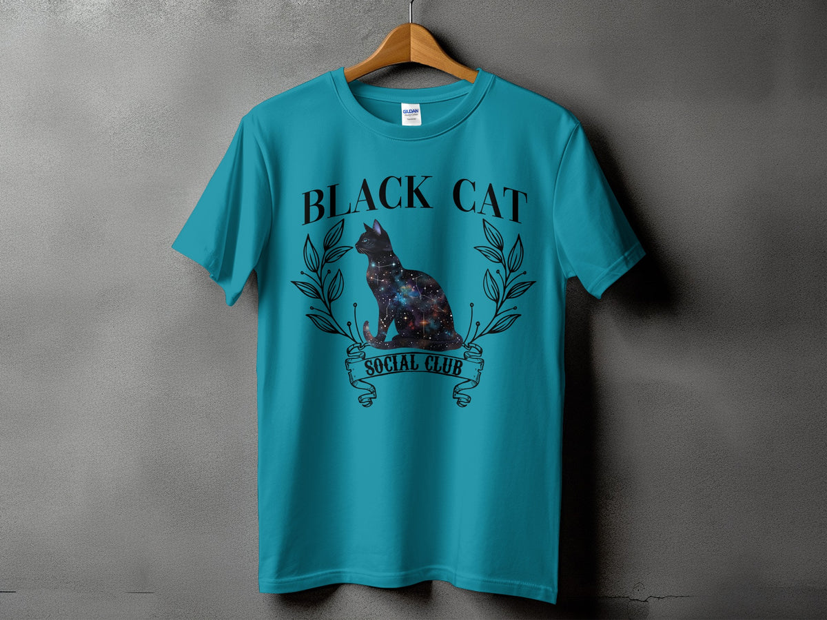 Teal t-shirt with galaxy cat and "Black Cat Social Club" text.