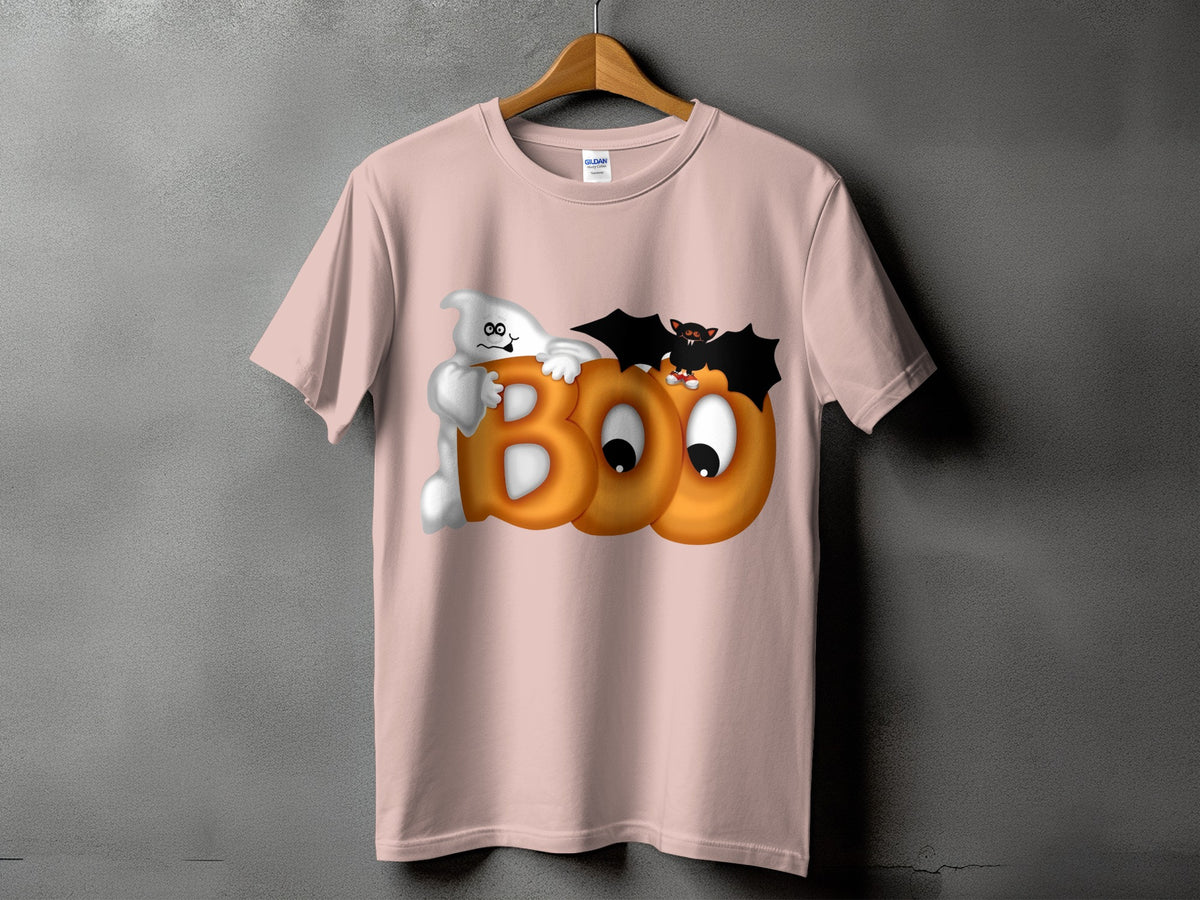 Pink t-shirt with ghost, bat, and "BOO" text graphic.