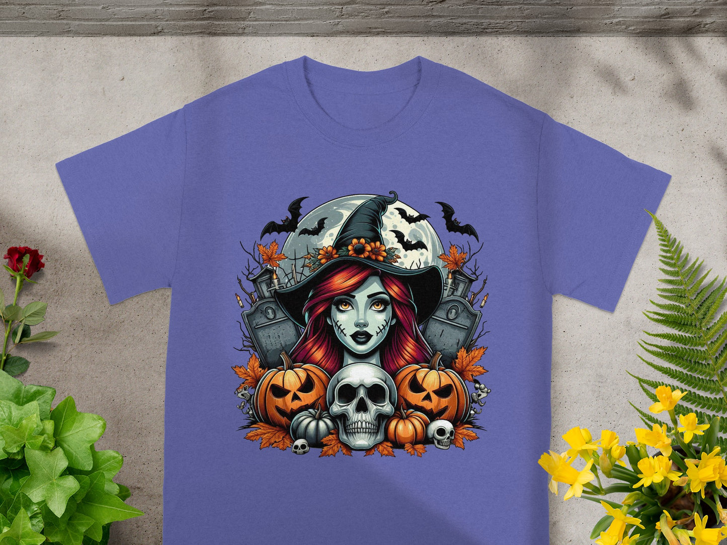 Halloween graphic with witch, pumpkins, skulls, gravestones, bats, and moon.