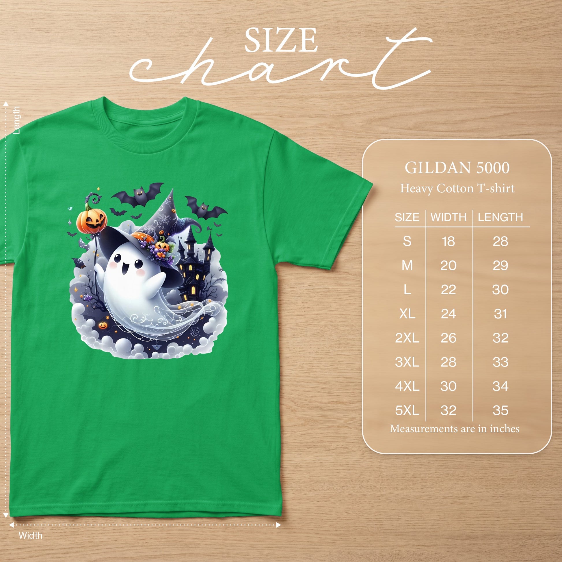 Green Gildan 5000 t-shirt with Halloween ghost graphic and size chart.