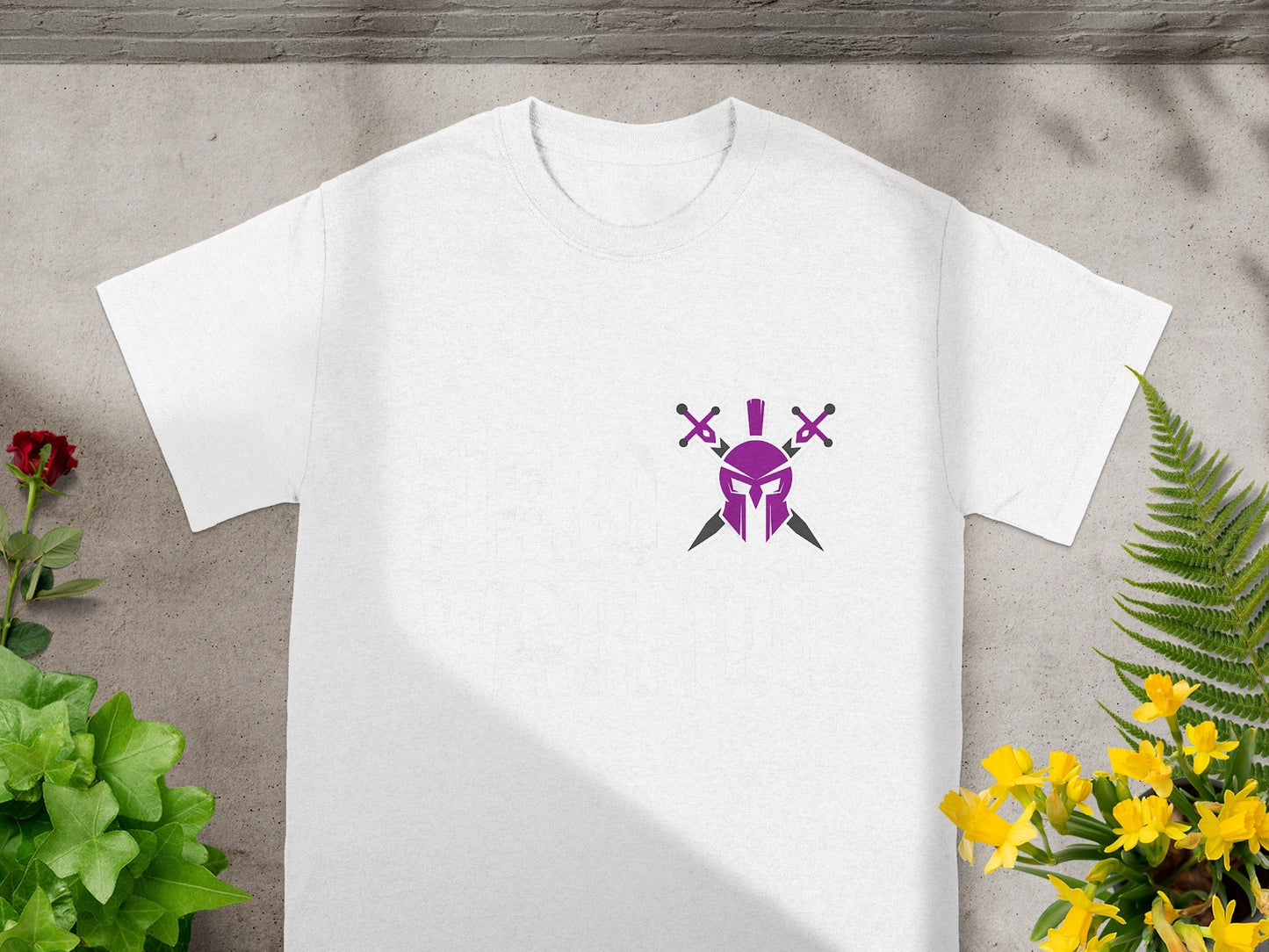 Purple Spartan Helmet with Swords Graphic T-shirt