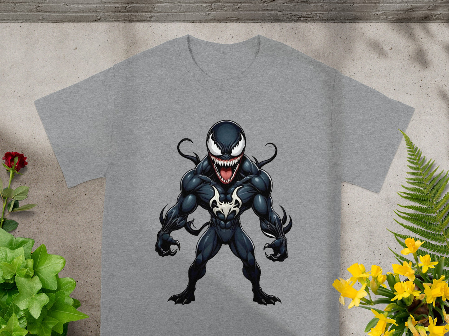 Grey t-shirt with Venom character graphic.