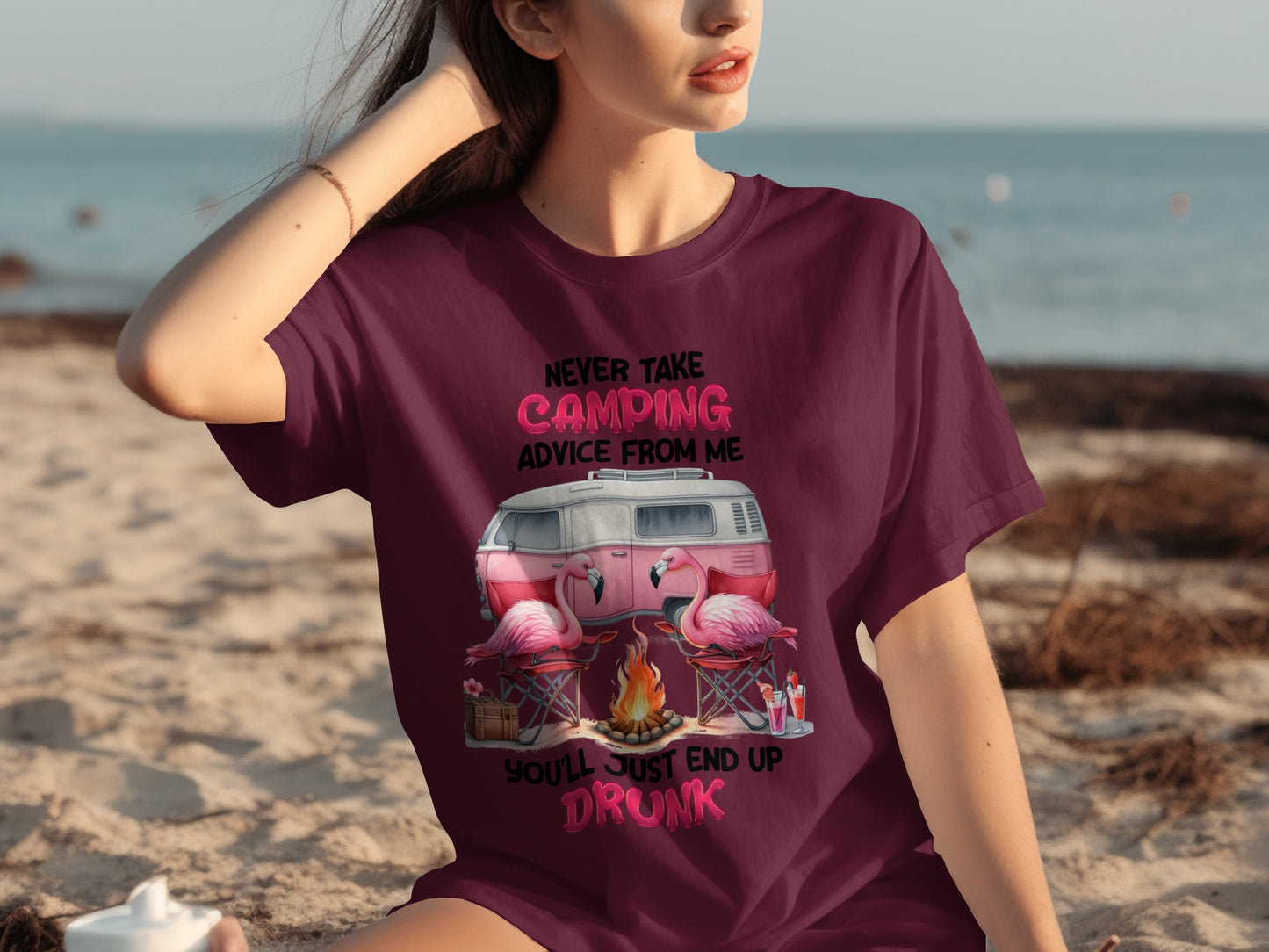 Never Take Camping Advice Flamingos and Van T-shirt