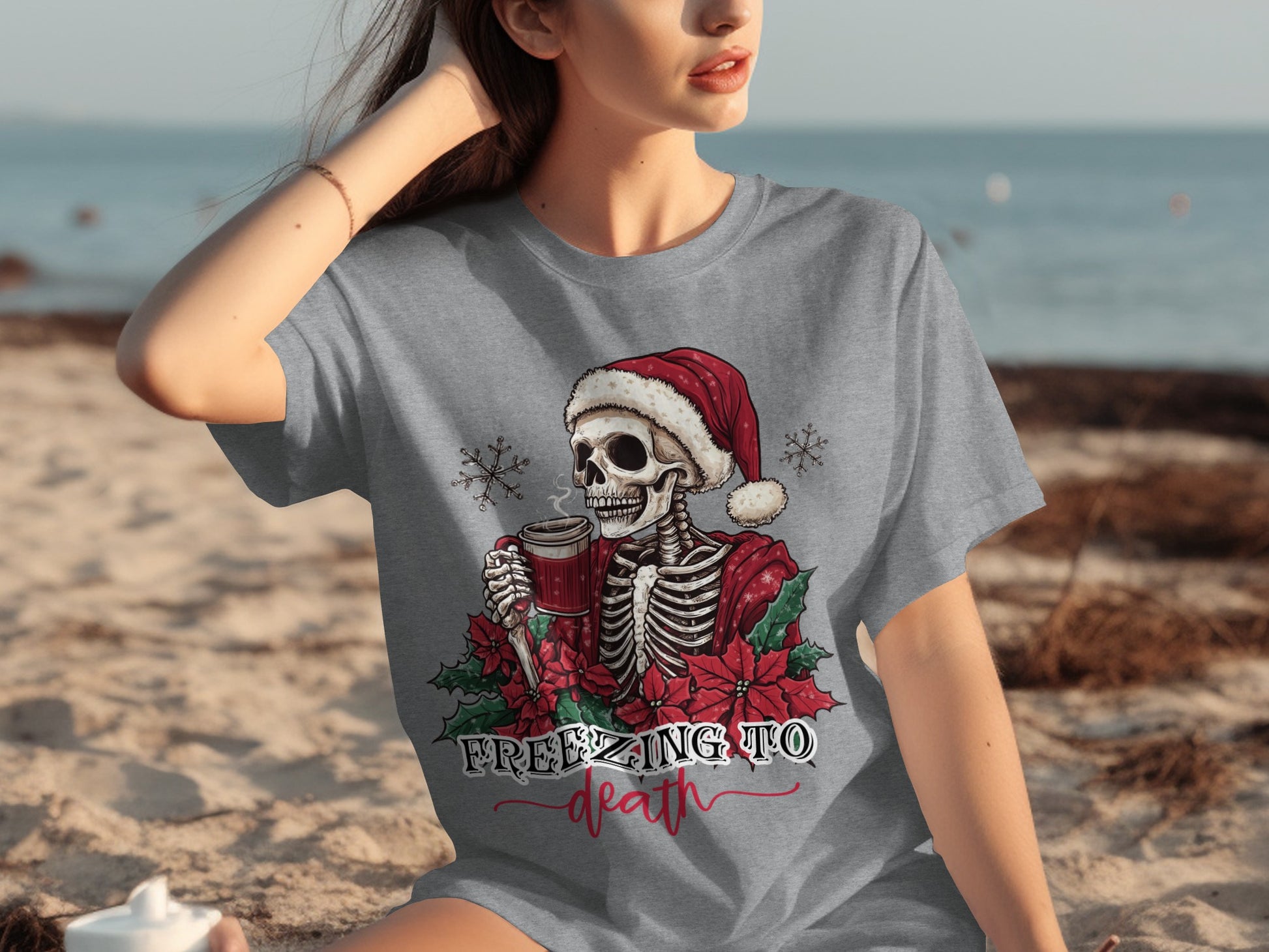 Skeleton in Santa Hat Freezing to Death T-shirt