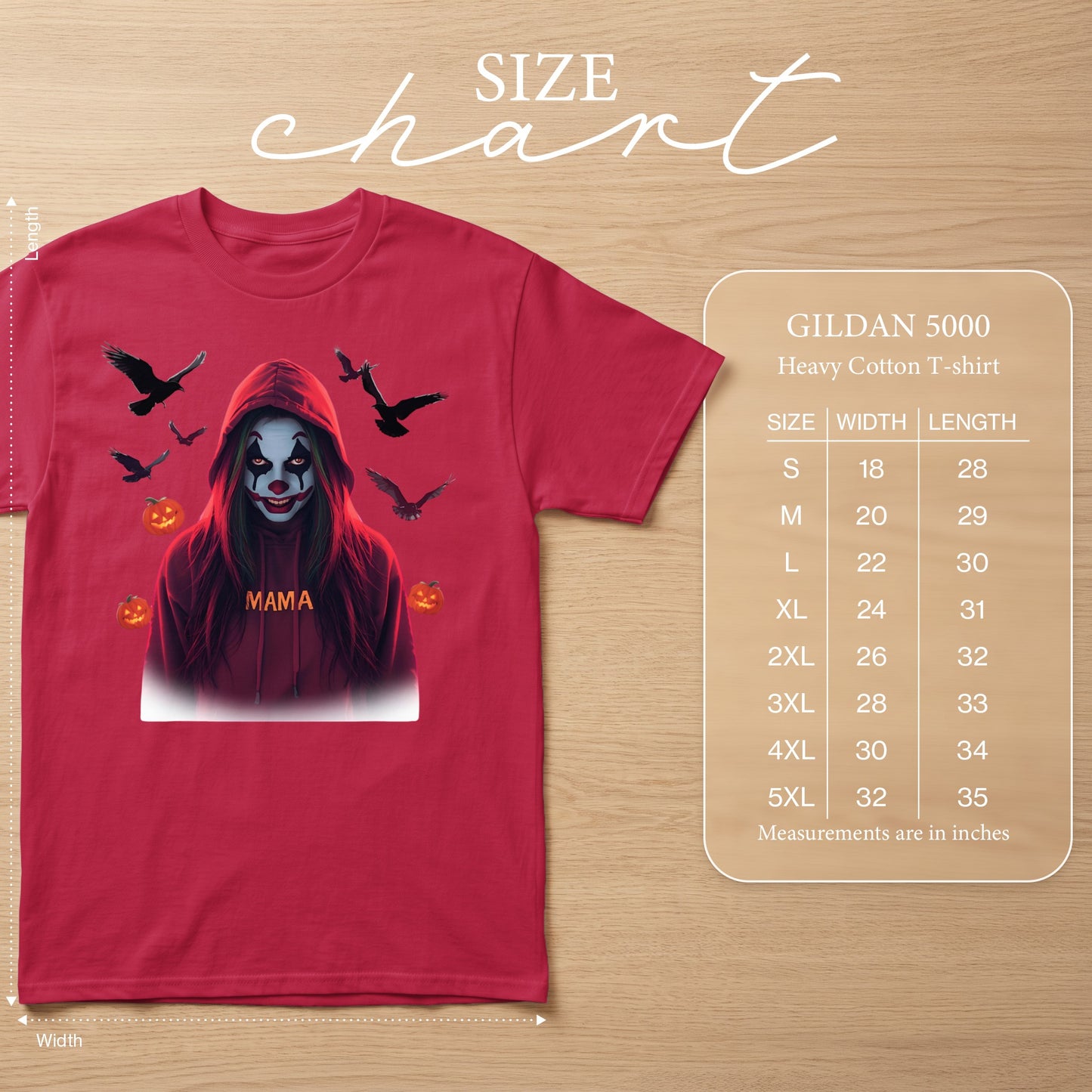 Red t-shirt with clown graphic and size chart for Gildan 5000 Heavy Cotton t-shirts.