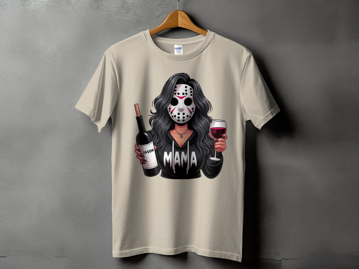 T-shirt graphic: woman in Jason mask holding wine bottle and glass, text "MAMA".