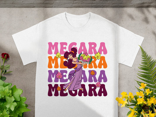Megara graphic on white t-shirt with colorful text below.