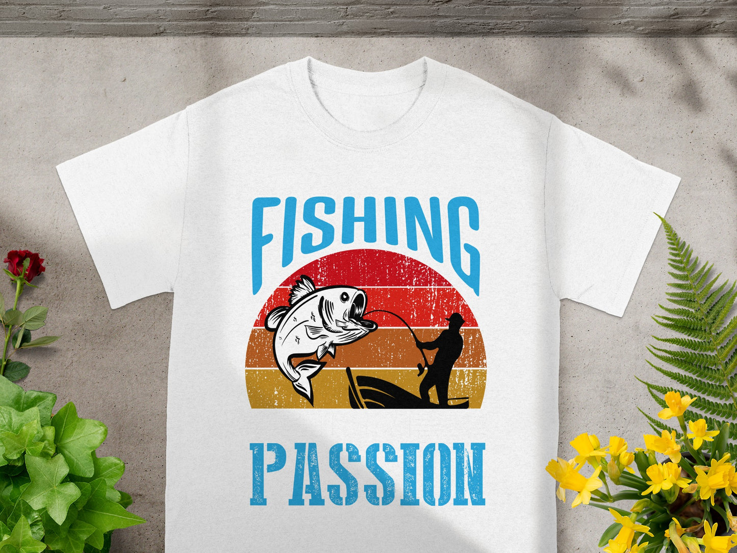 White t-shirt with "FISHING PASSION" text and a retro fishing sunset graphic.