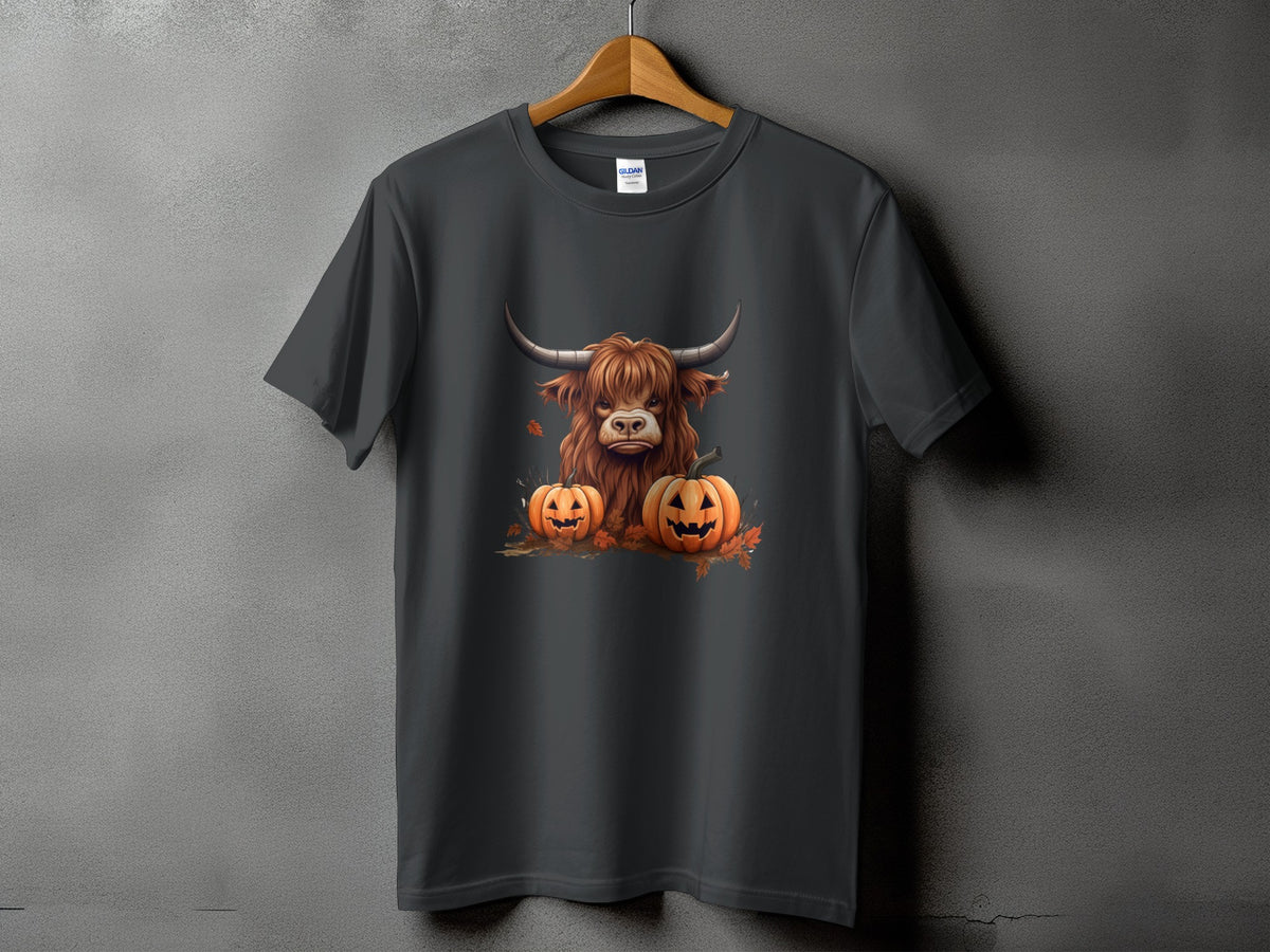 Dark grey t-shirt with a Highland cow and two jack-o'-lanterns graphic.