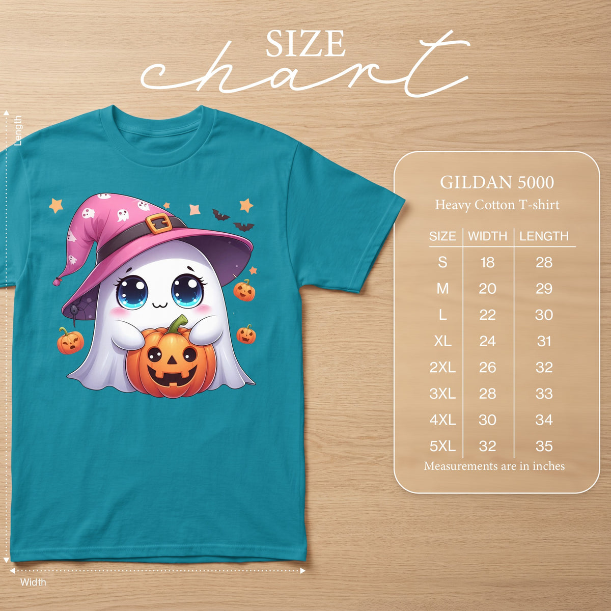 Teal t-shirt with cute ghost holding pumpkin, with size chart.