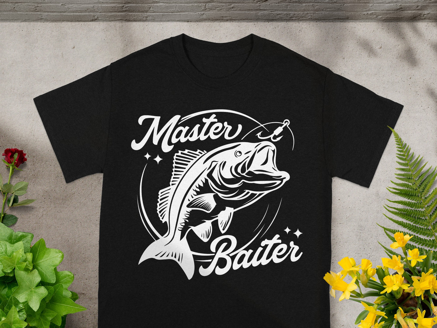 Black t-shirt with white "Master Baiter" text and a fish design.