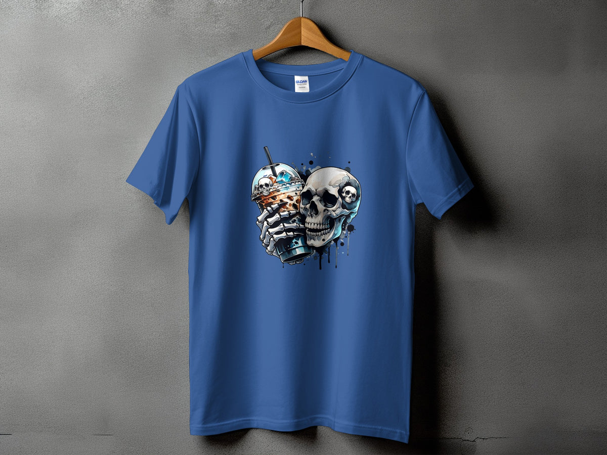 Blue t-shirt with a graphic of two skulls holding a coffee drink.