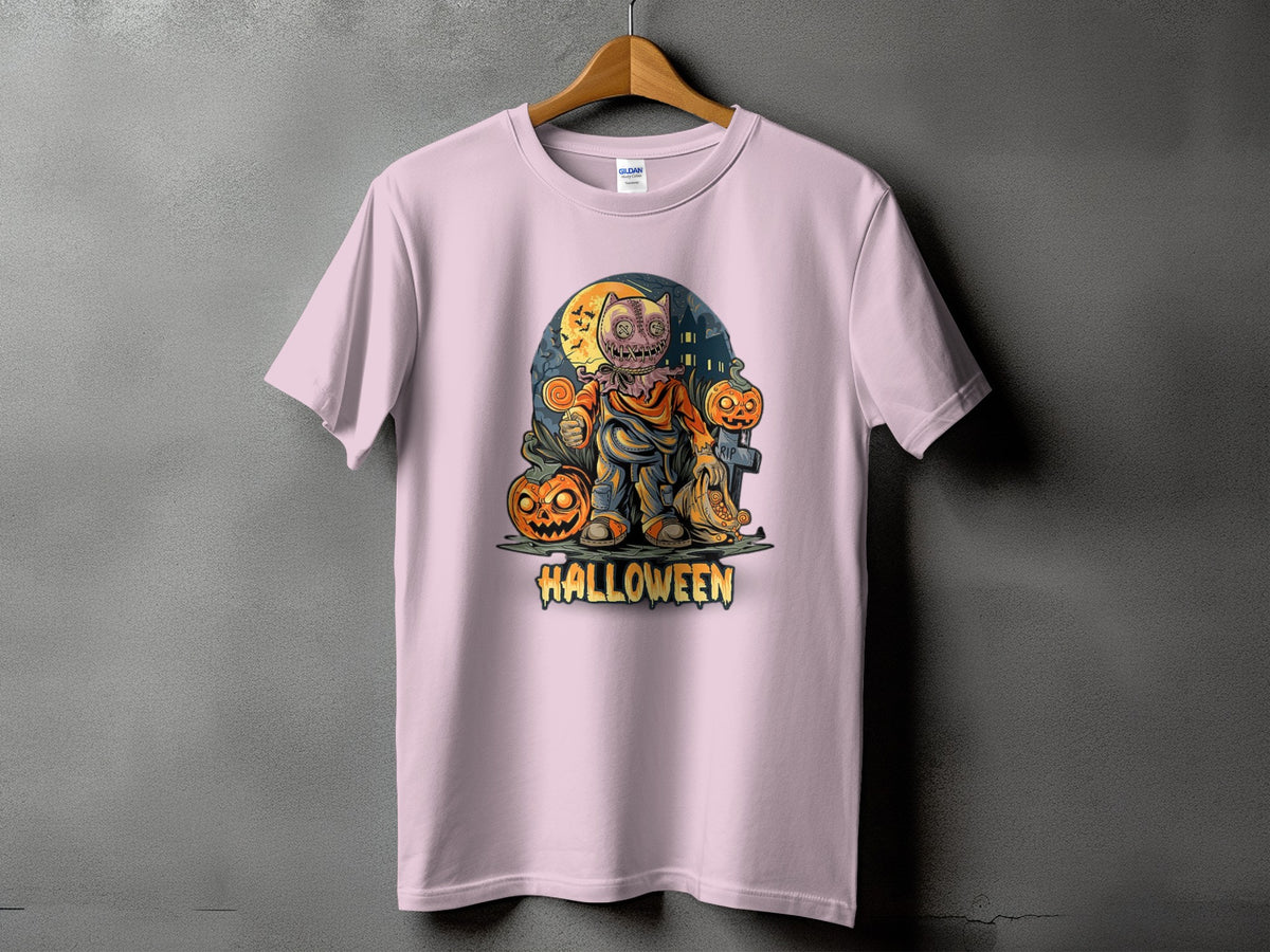 Pink t-shirt with a jack-o'-lantern character and the word "HALLOWEEN."