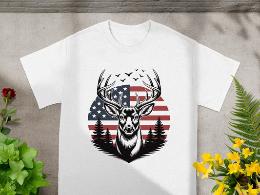 White t-shirt with buck and American flag design.