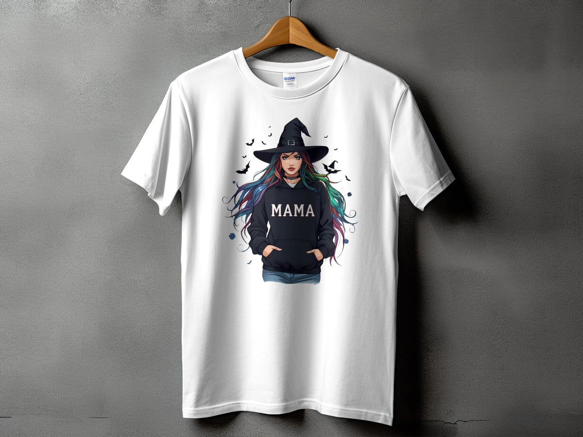 White t-shirt with a witch graphic and the word "MAMA" in a hoodie.
