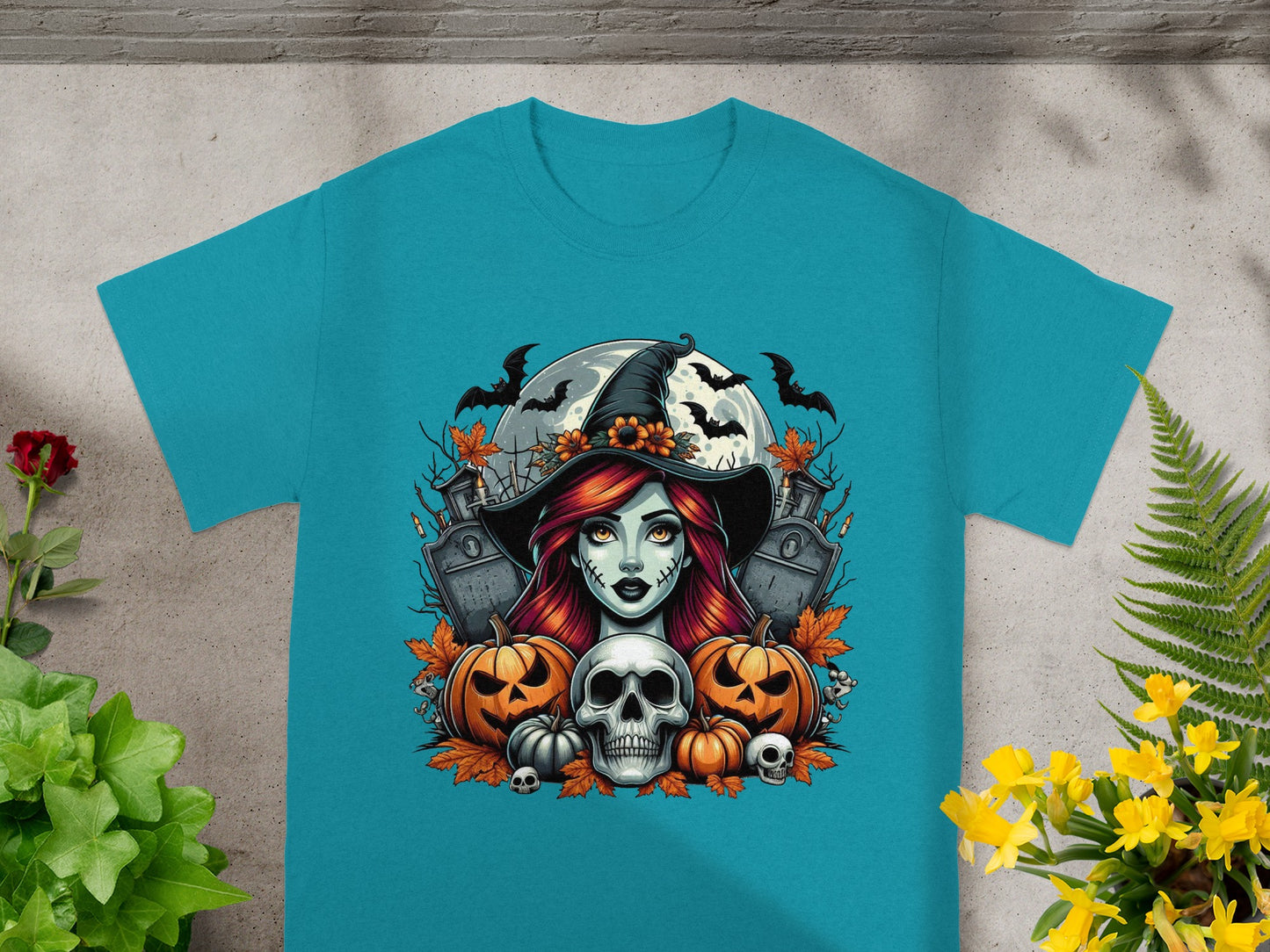 Halloween graphic featuring a witch, skull, pumpkins, bats, and gravestones.