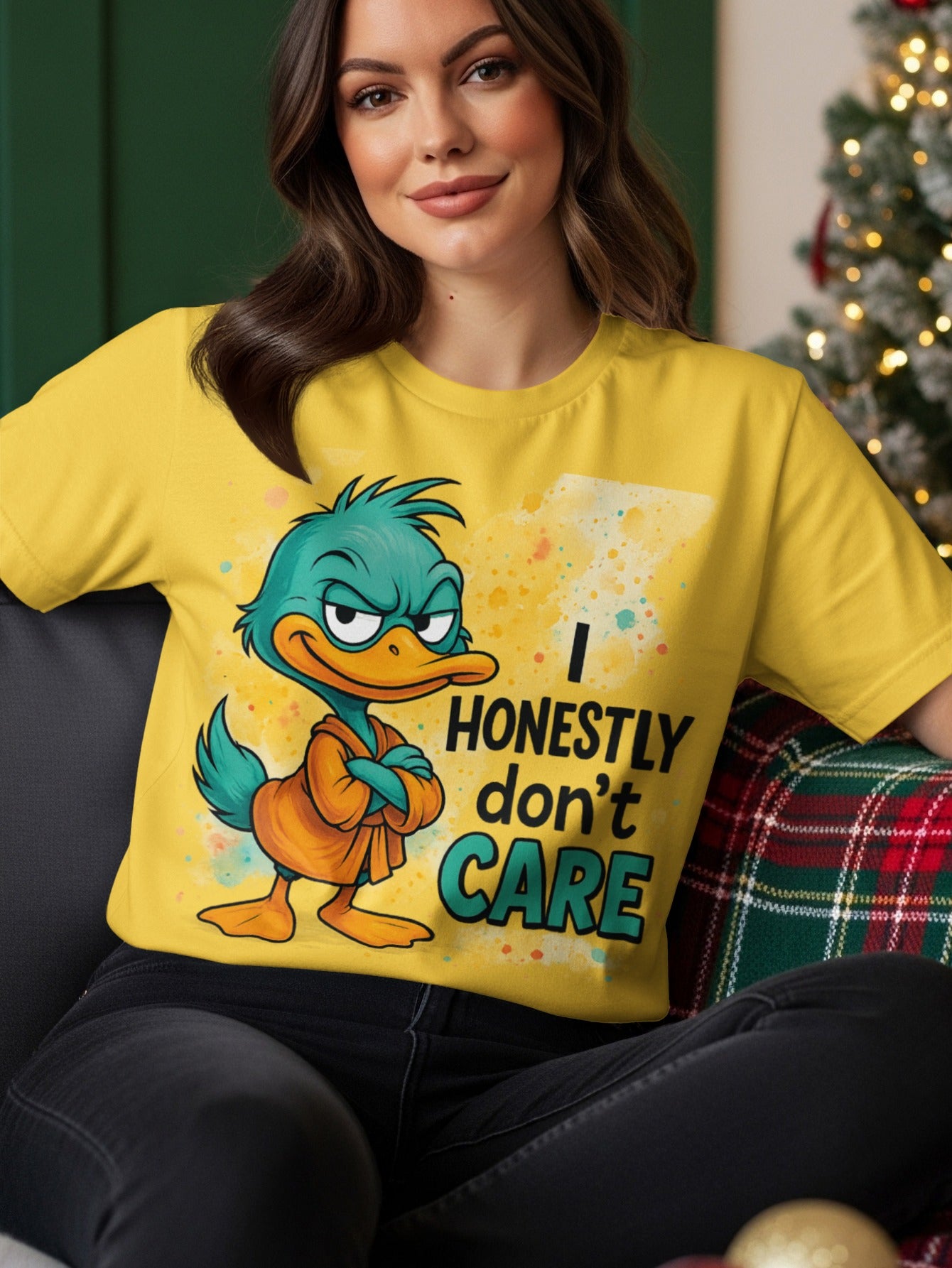 Yellow t-shirt with a cartoon duck saying "I HONESTLY DON'T CARE".