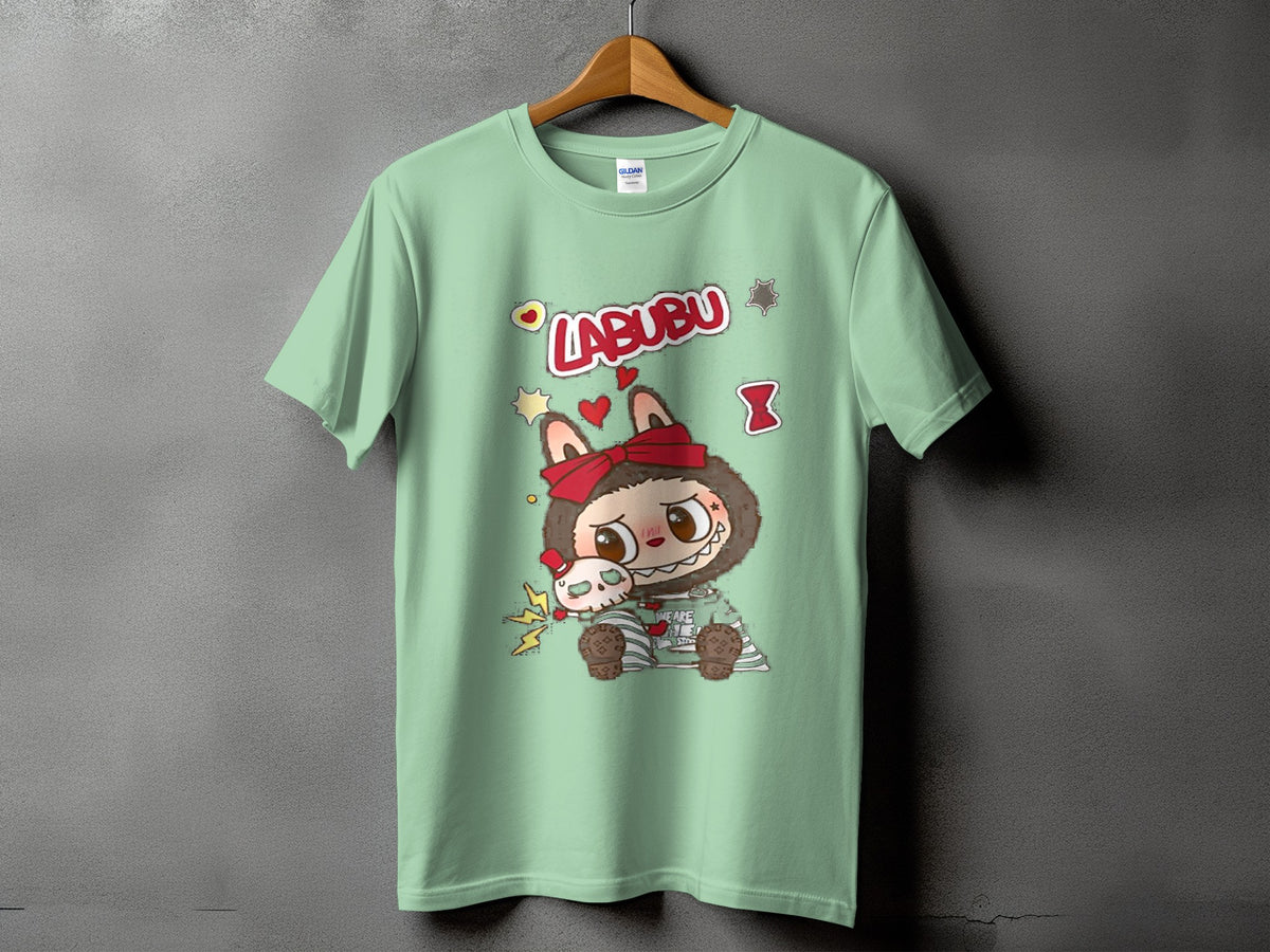 Light green t-shirt with "LABUBU" text and cartoon monster character.