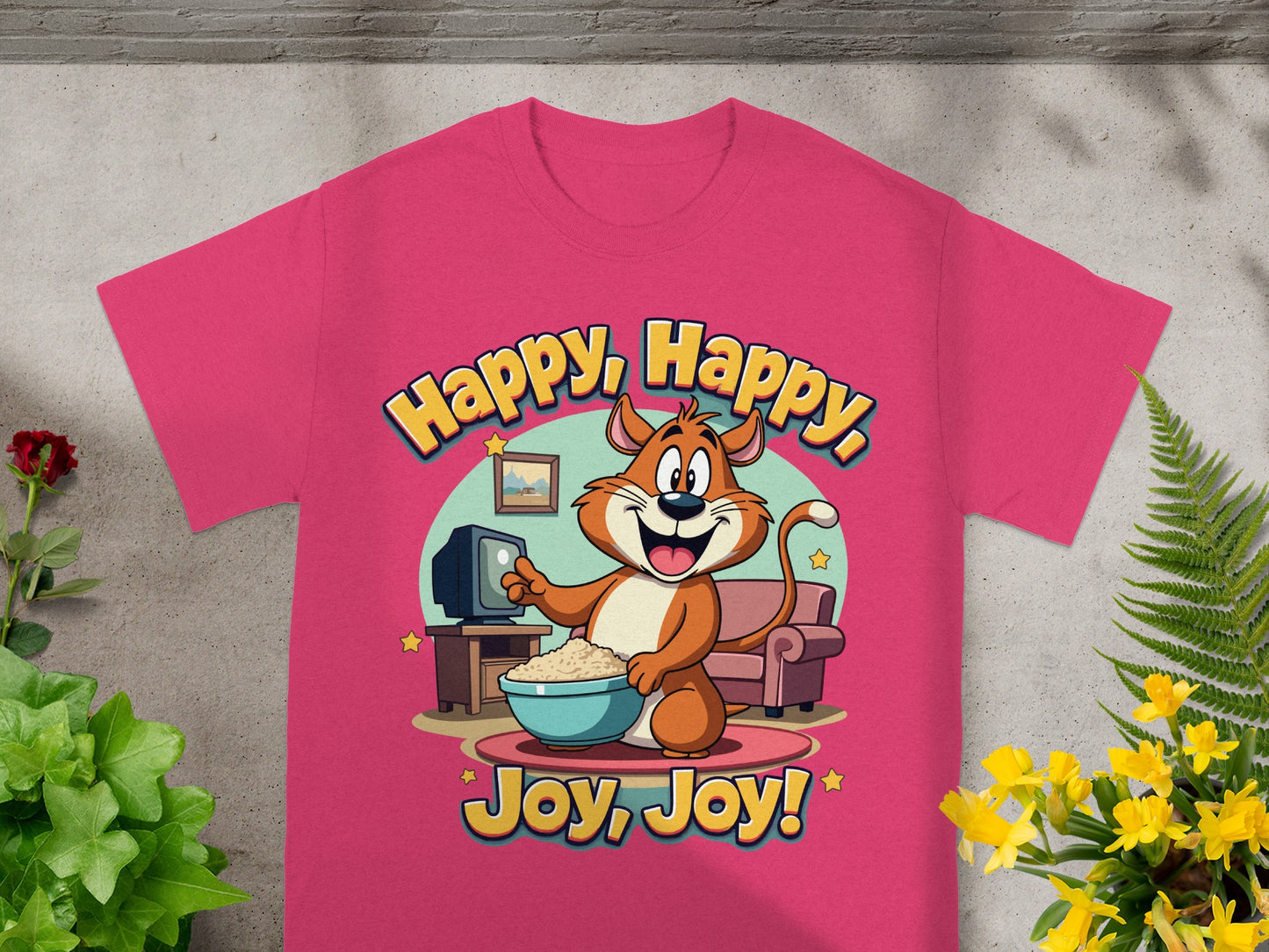 Cartoon cat with popcorn watching TV, text "Happy, Happy, Joy, Joy!".
