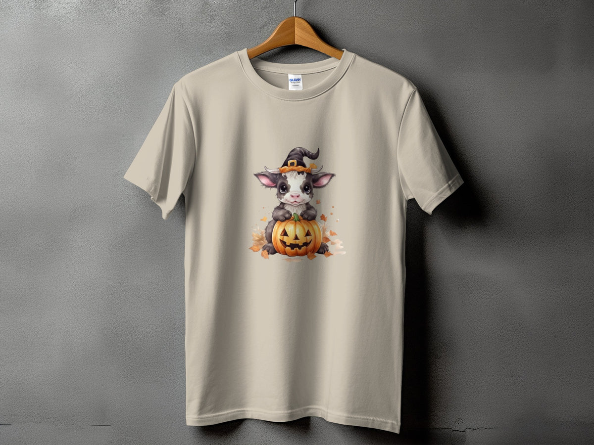 Cute cow in witch hat sitting on a jack-o'-lantern.