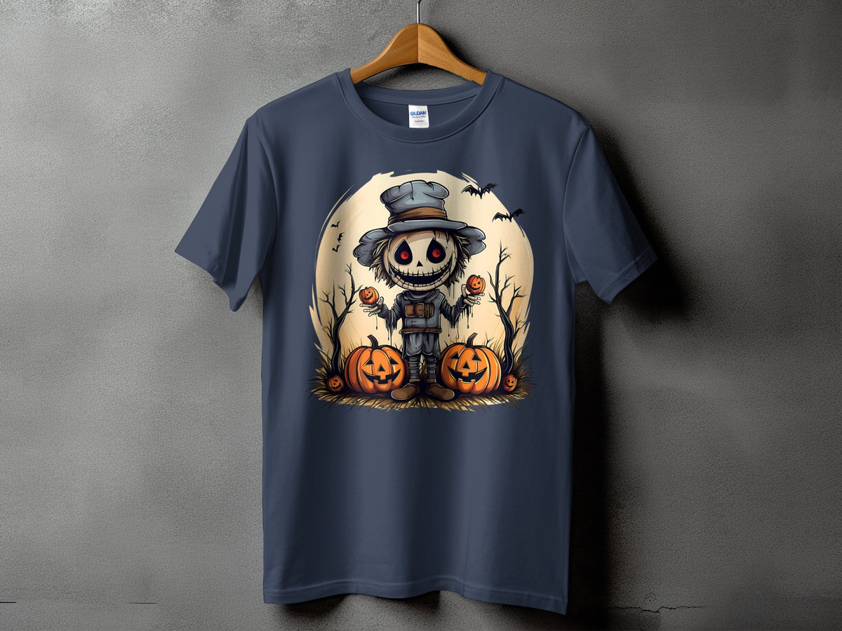 T-shirt with a cartoon scarecrow holding pumpkins against a moon backdrop.