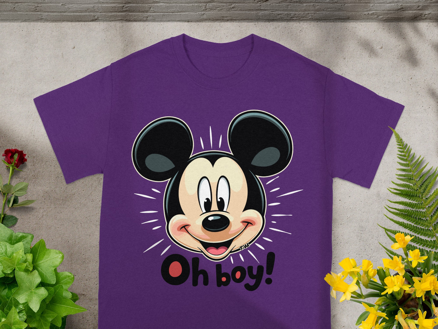 Purple t-shirt with Mickey Mouse and the text "Oh boy!".