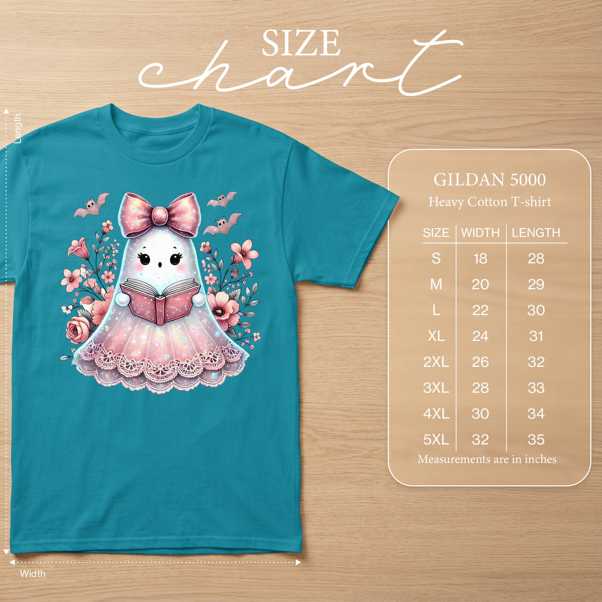 Teal t-shirt with ghost reading a book and size chart with measurements in inches.