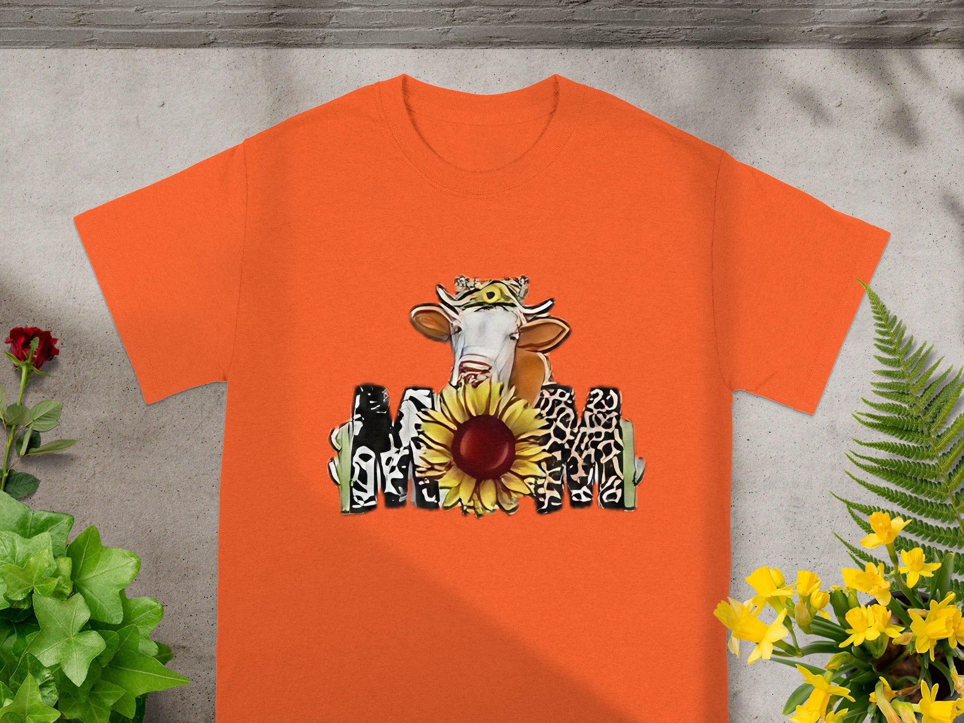 Orange Shirt with Artistic Cow Mom Design