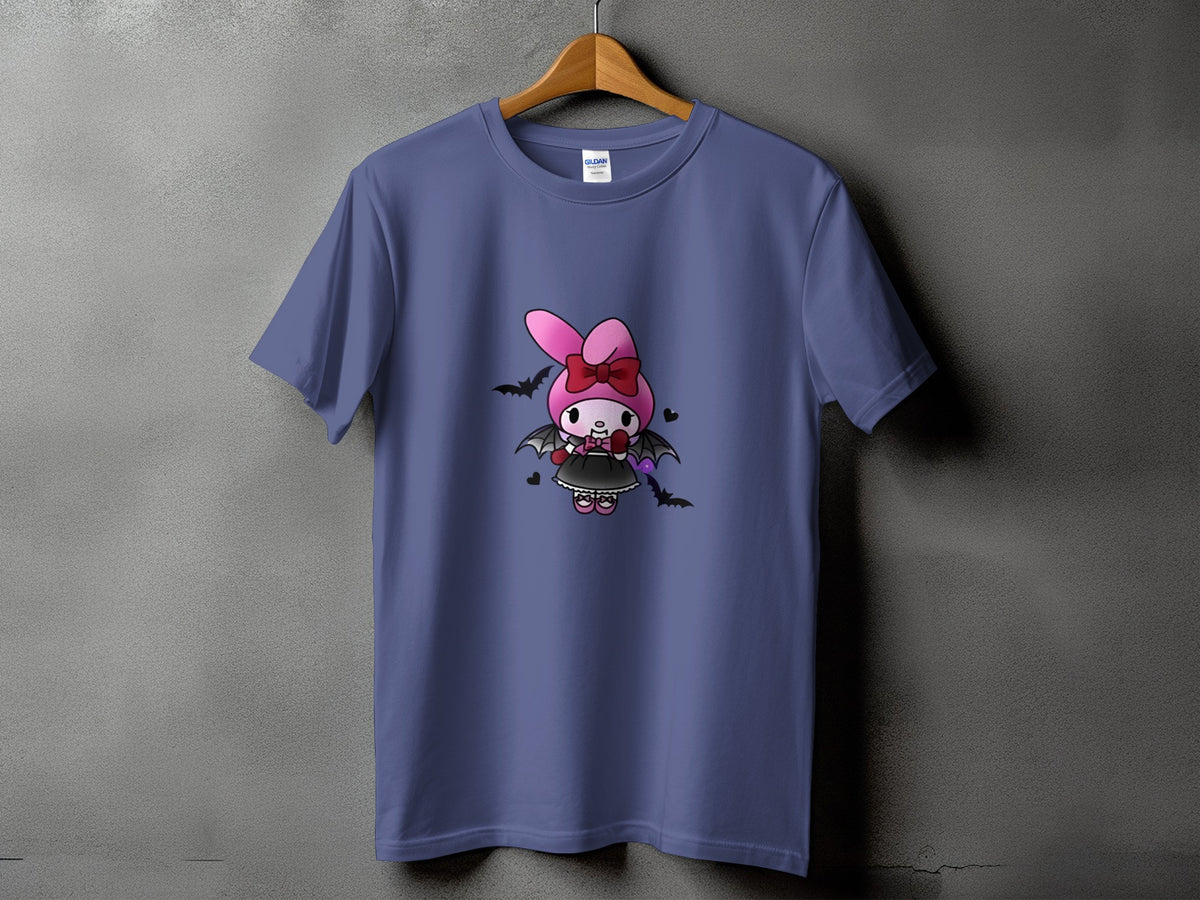 Purple t-shirt with a Gothic cartoon bunny character and bats graphic.